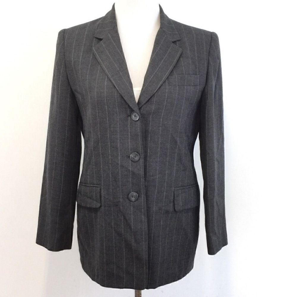 Talbots Gray Wool Pinstripe Longline‎ Blazer Classic Size 8